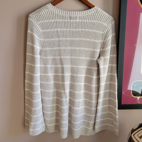Old Navy Women's Shaker Knit Lace Up Sweater Beige/White Stripes M Bell SLEEVES - Picture 2 of 11